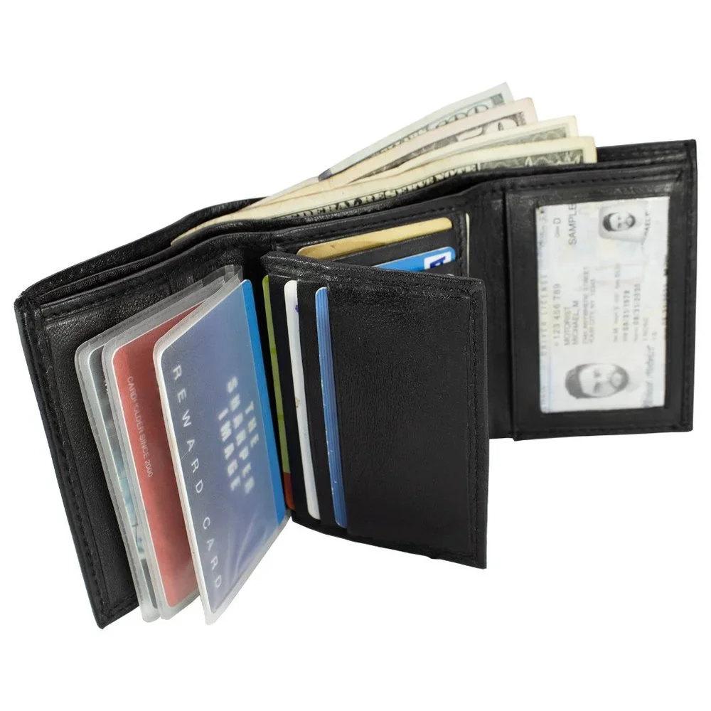 Men Wallet in Lambskin Leather Thin Trifold Black Classic Wallet
